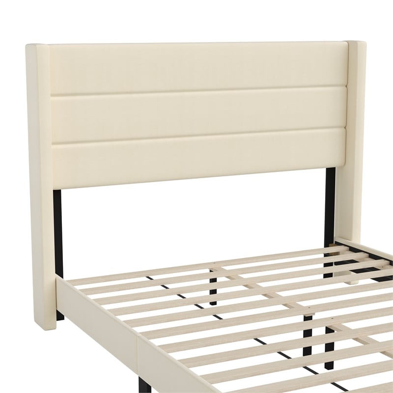 Pemberly Row Queen Upholstered Platform Bed with Wingback Headboard in Beige