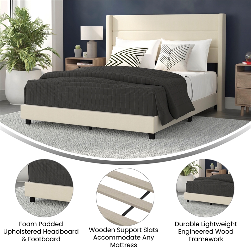 Pemberly Row Queen Upholstered Platform Bed with Wingback Headboard in Beige