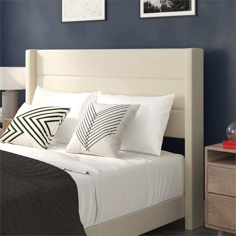 Pemberly Row Queen Upholstered Platform Bed with Wingback Headboard in Beige