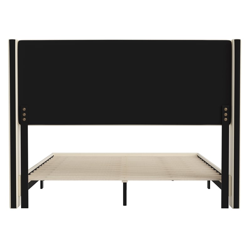 Pemberly Row Queen Upholstered Platform Bed with Wingback Headboard in Beige