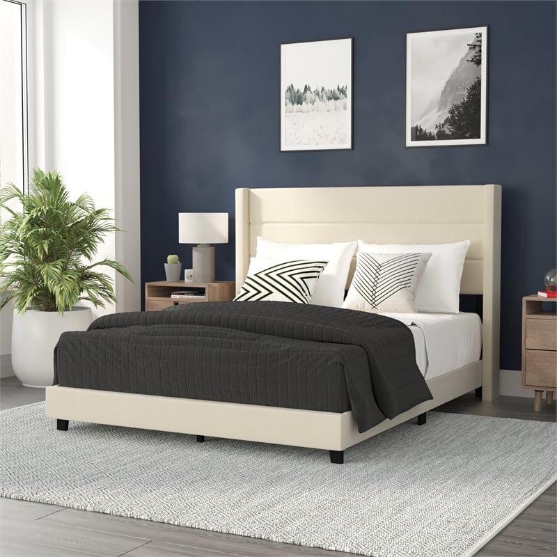 Pemberly Row Queen Upholstered Platform Bed with Wingback Headboard in Beige