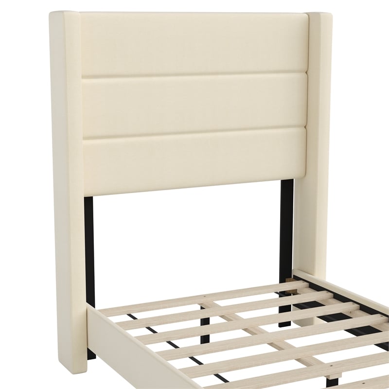 Pemberly Row Twin Upholstered Platform Bed with Wingback Headboard in Beige