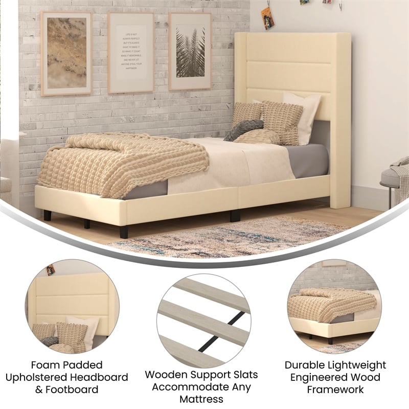Pemberly Row Twin Upholstered Platform Bed with Wingback Headboard in Beige