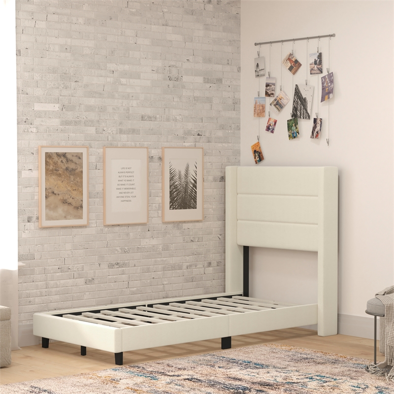 Pemberly Row Twin Upholstered Platform Bed with Wingback Headboard in Beige