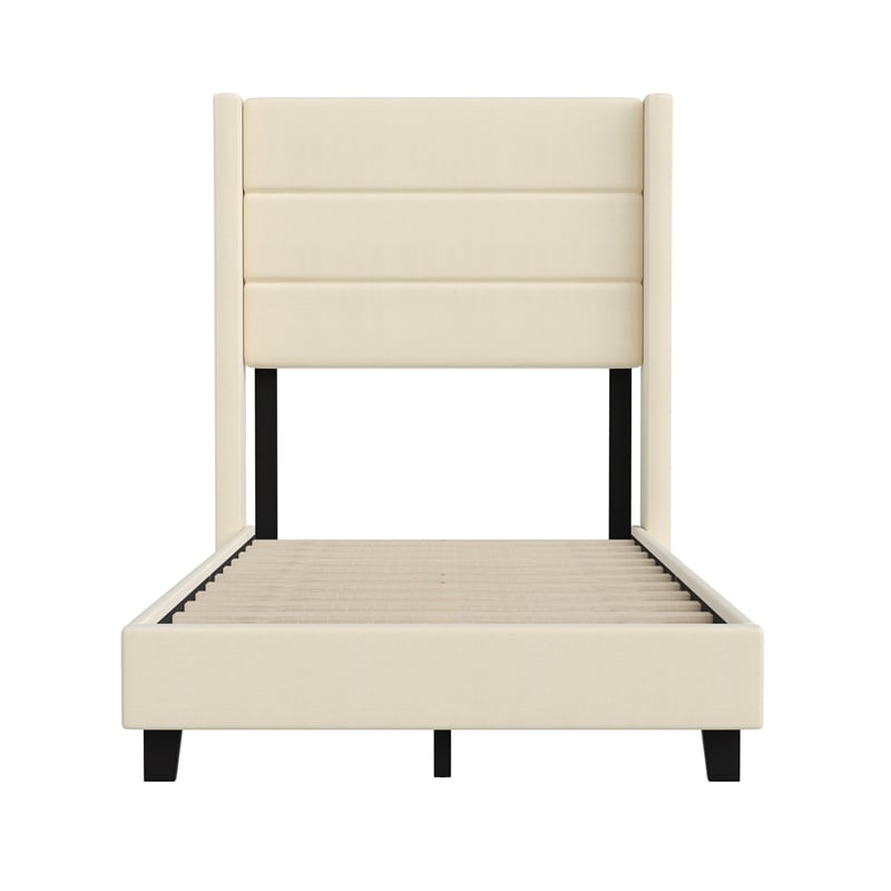 Pemberly Row Twin Upholstered Platform Bed with Wingback Headboard in Beige