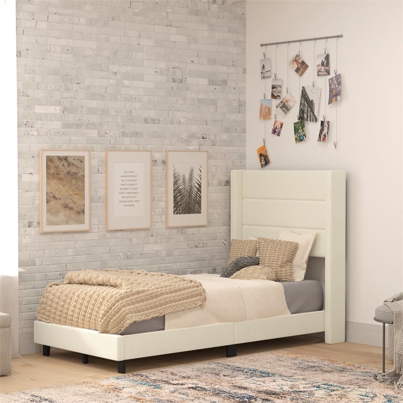 Pemberly Row Twin Upholstered Platform Bed with Wingback Headboard in Beige