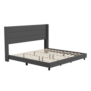 Pemberly Row King Upholstered Platform Bed with Wingback Headboard in Charcoal