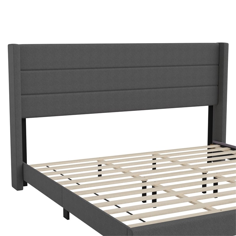 Pemberly Row King Upholstered Platform Bed with Wingback Headboard in Charcoal