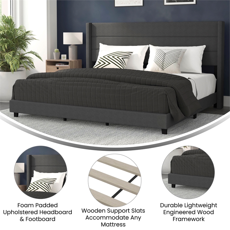 Pemberly Row King Upholstered Platform Bed with Wingback Headboard in Charcoal