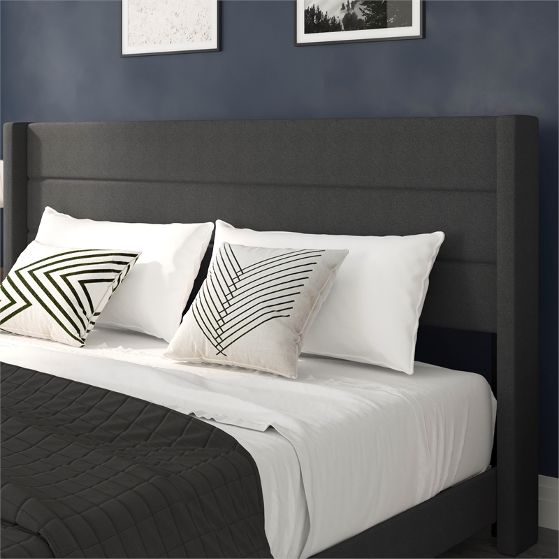 Pemberly Row King Upholstered Platform Bed with Wingback Headboard in Charcoal
