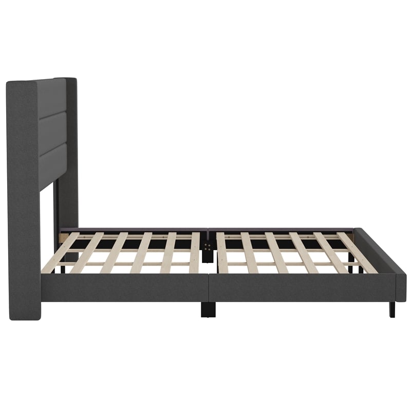 Pemberly Row King Upholstered Platform Bed with Wingback Headboard in Charcoal