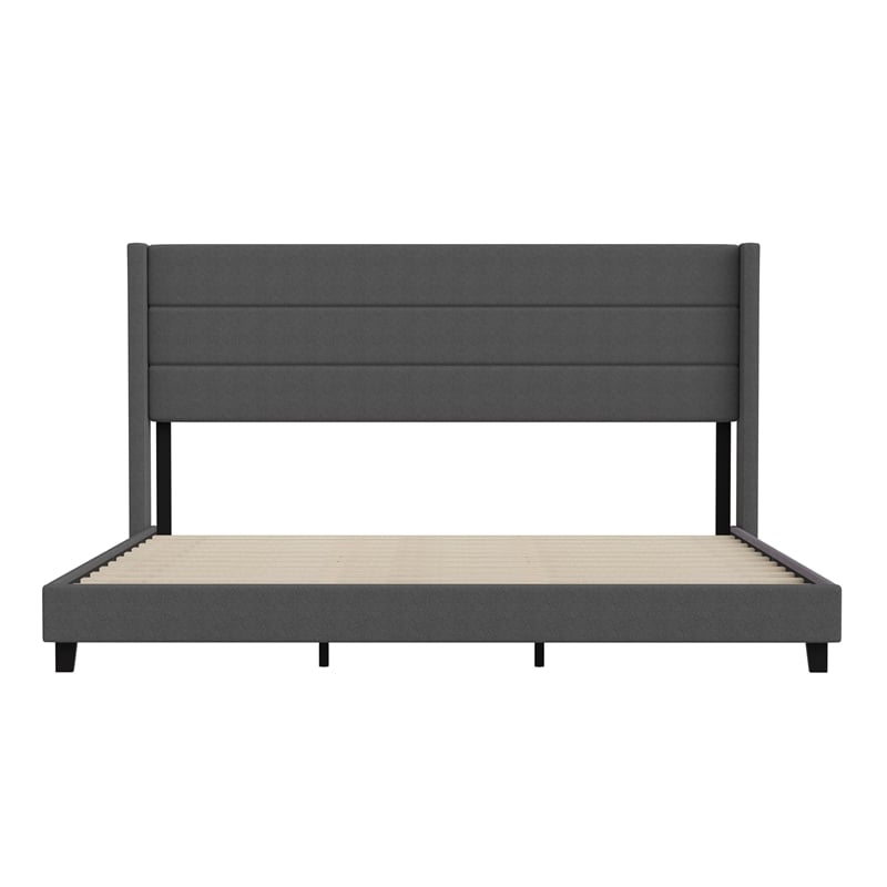 Pemberly Row King Upholstered Platform Bed with Wingback Headboard in Charcoal