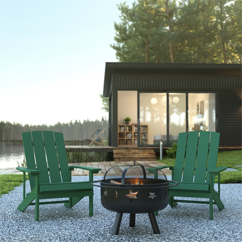 Pemberly Row Star and Moon Fire Pit with Cover and 2 Green Adirondack Chairs