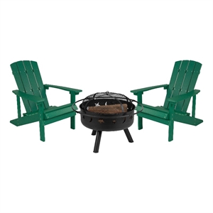 Pemberly Row Star and Moon Fire Pit with Cover and 2 Green Adirondack Chairs