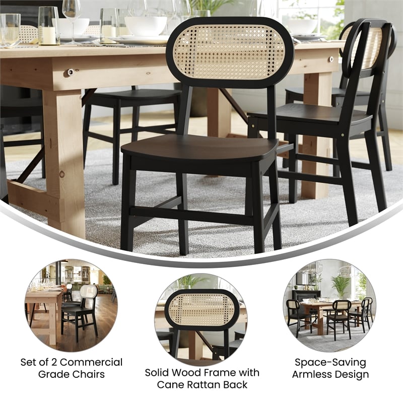 Pemberly Row 2 Pack Cane Rattan Event Chairs with Wood Backs and Seats