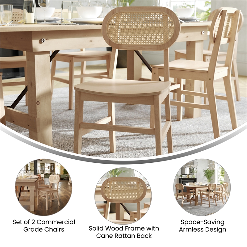 Pemberly Row 2 Pack Cane Rattan Event Chairs with Wood Backs & Seats in Natural