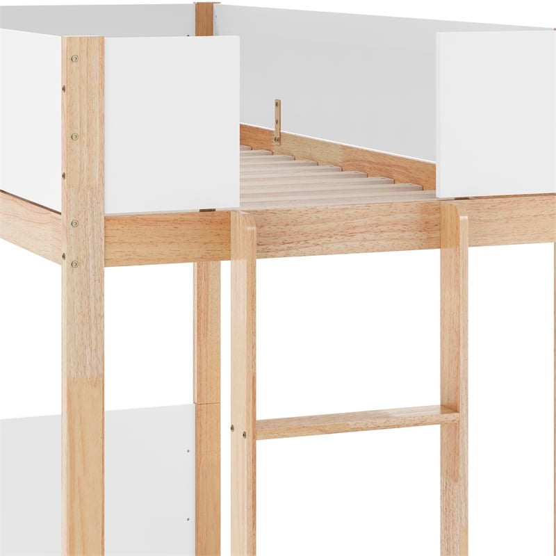 Pemberly Row Twin Over Twin Solid Wood Bunk Bed Frame for Kids in White/Natural