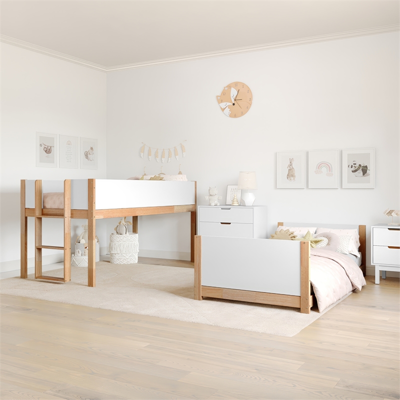 Pemberly Row Twin Over Twin Solid Wood Bunk Bed Frame for Kids in White/Natural