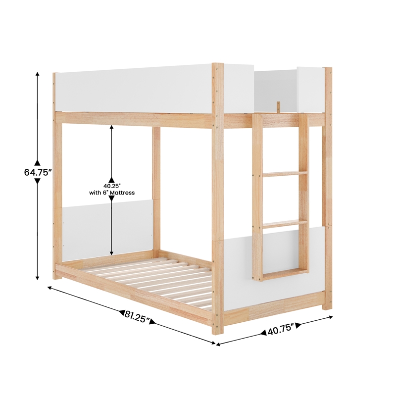 Pemberly Row Twin Over Twin Solid Wood Bunk Bed Frame for Kids in White/Natural