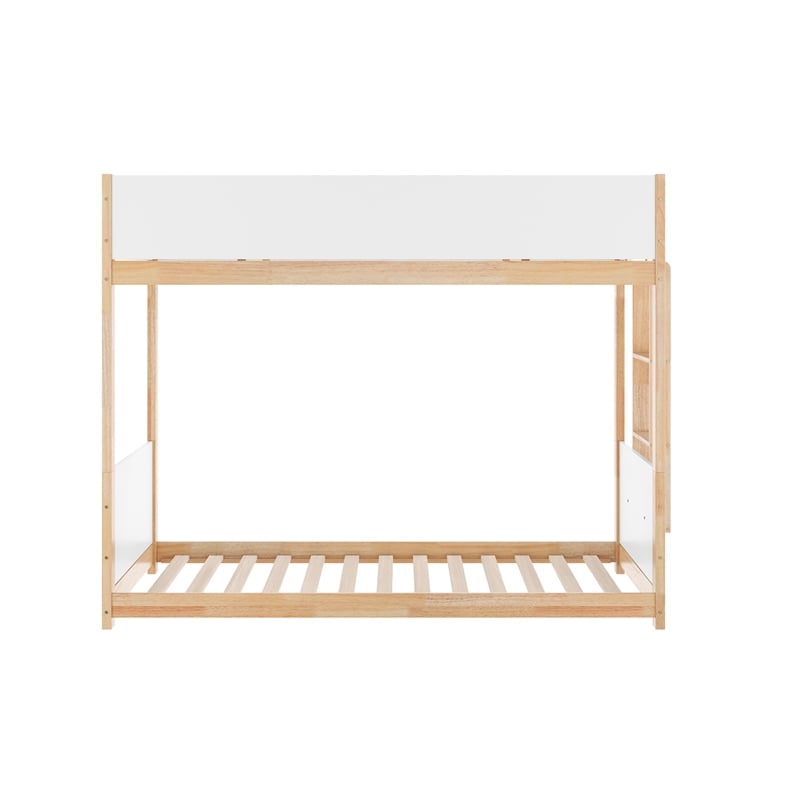 Pemberly Row Twin Over Twin Solid Wood Bunk Bed Frame for Kids in White/Natural