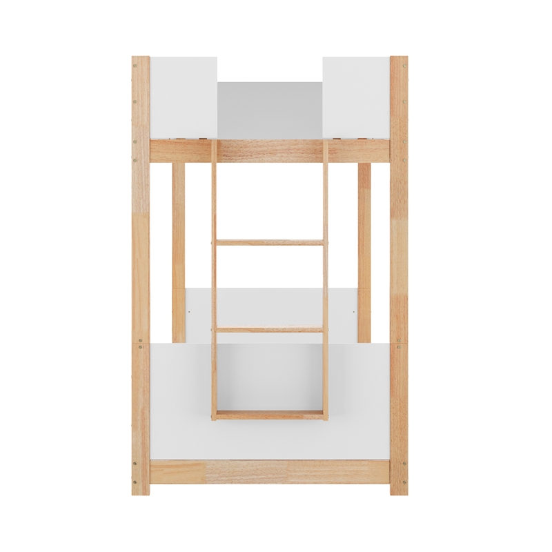 Pemberly Row Twin Over Twin Solid Wood Bunk Bed Frame for Kids in White/Natural