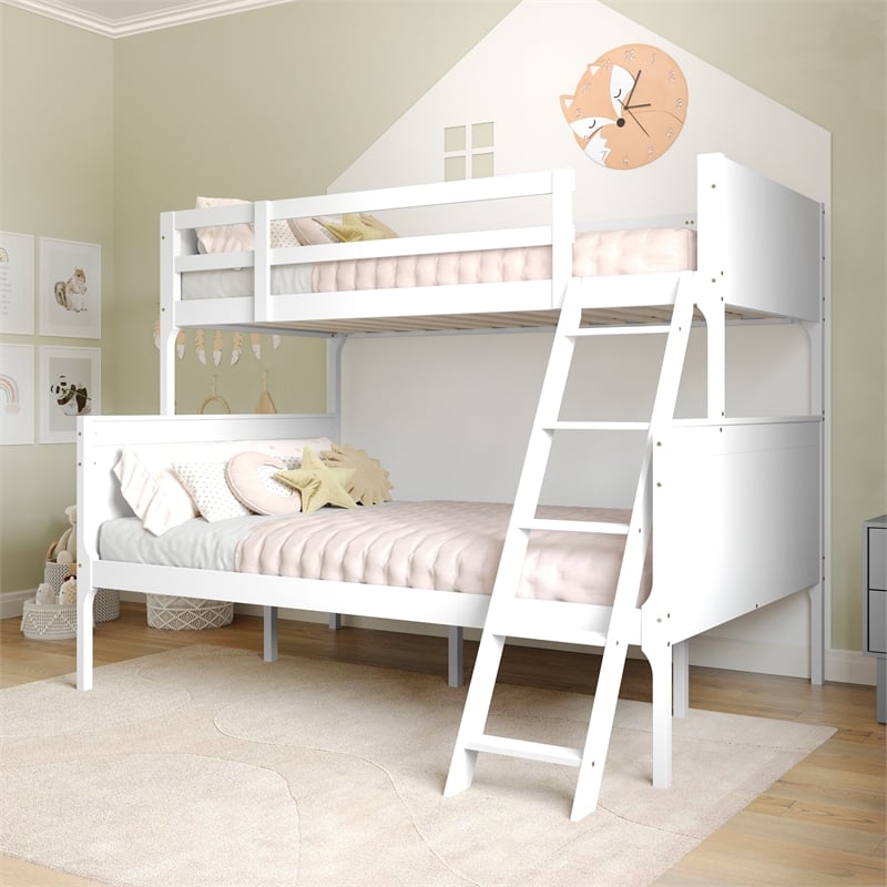Pemberly Row Twin Over Full Solid Wood Bunk Bed Frame for Kids in White