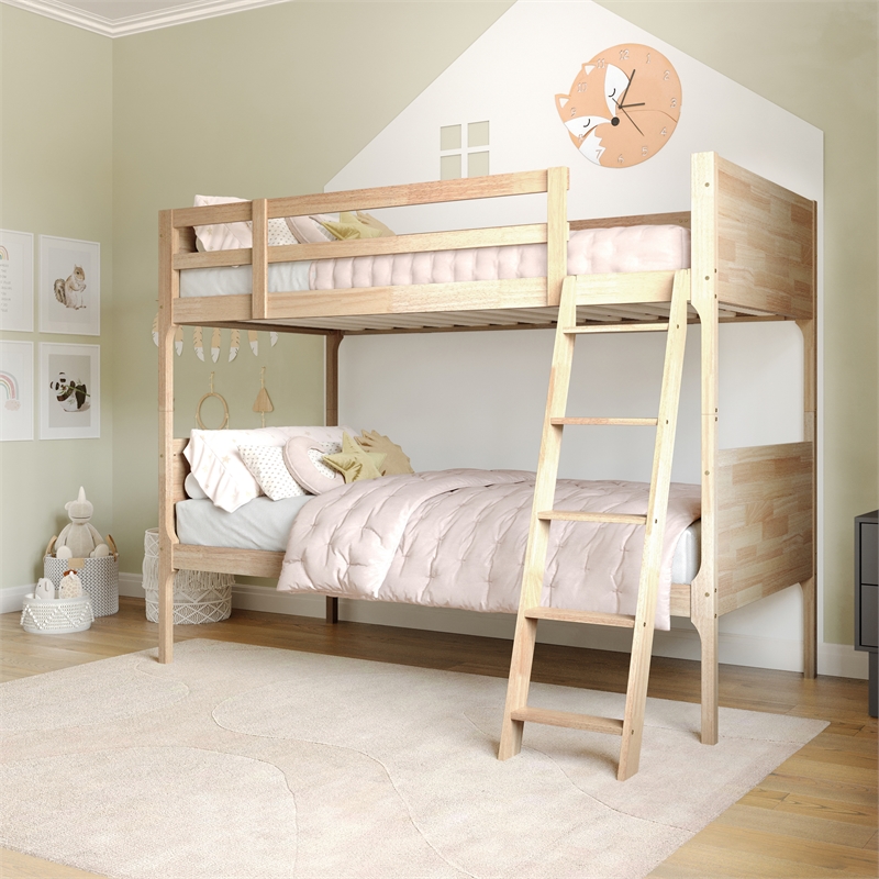 Pemberly Row Twin Over Twin Solid Wood Bunk Bed Frame for Kids in Natural