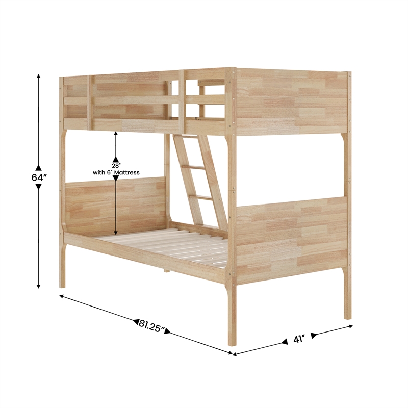 Pemberly Row Twin Over Twin Solid Wood Bunk Bed Frame for Kids in Natural