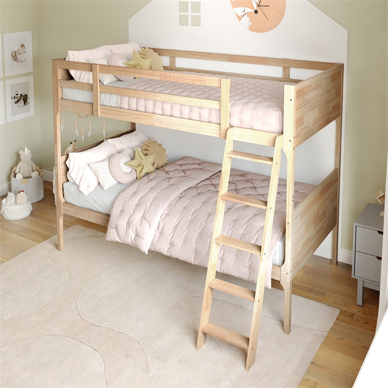 Pemberly Row Twin Over Twin Solid Wood Bunk Bed Frame for Kids in Natural