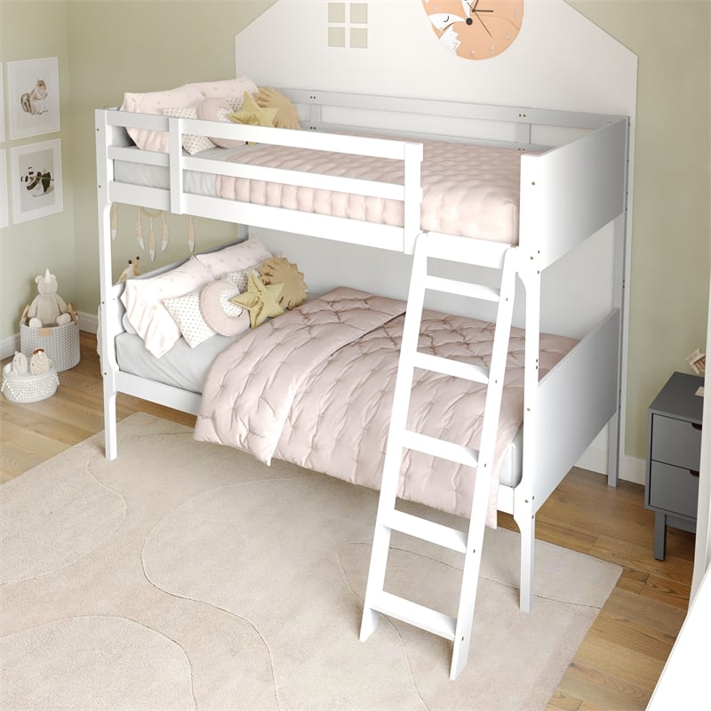 Pemberly Row Twin Over Twin Solid Wood Bunk Bed Frame for Kids in White