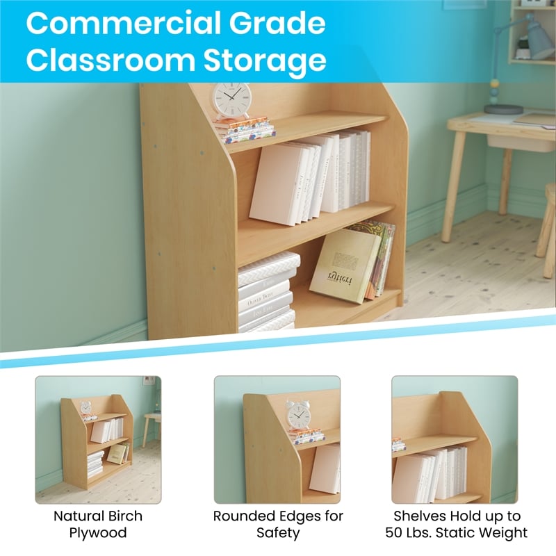 Pemberly Row Kids Wooden Bookshelf with 3 Display Shelves in Natural