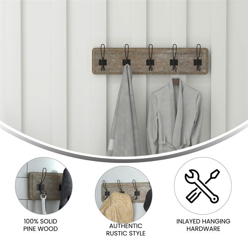 Pemberly Row Vintage Wall Mounted Coat Rack with 5 Hooks in Weathered