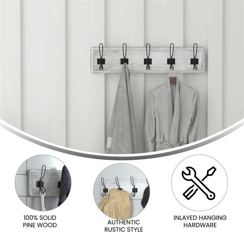 Pemberly Row Vintage Wall Mounted Coat Rack with 5 Hooks in Whitewashed