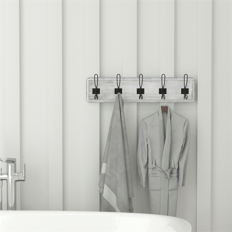 Pemberly Row Vintage Wall Mounted Coat Rack with 5 Hooks in Whitewashed