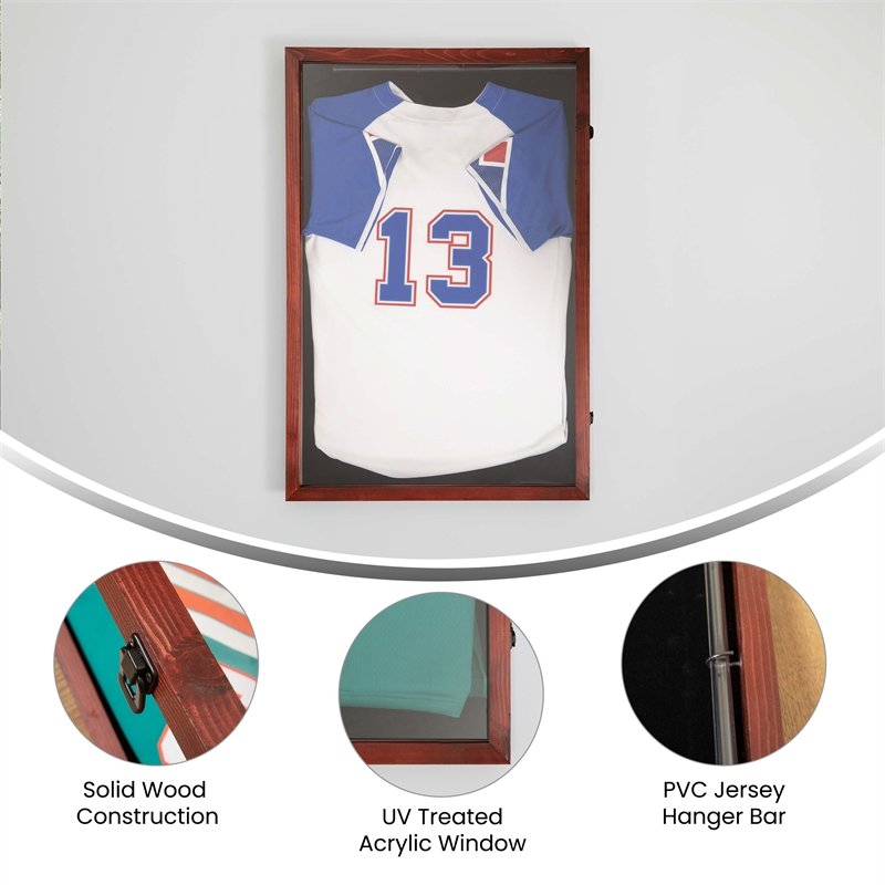 Pemberly Row 24x36 Wooden Jersey Display Case with Foam Board & Lock in Mahogany