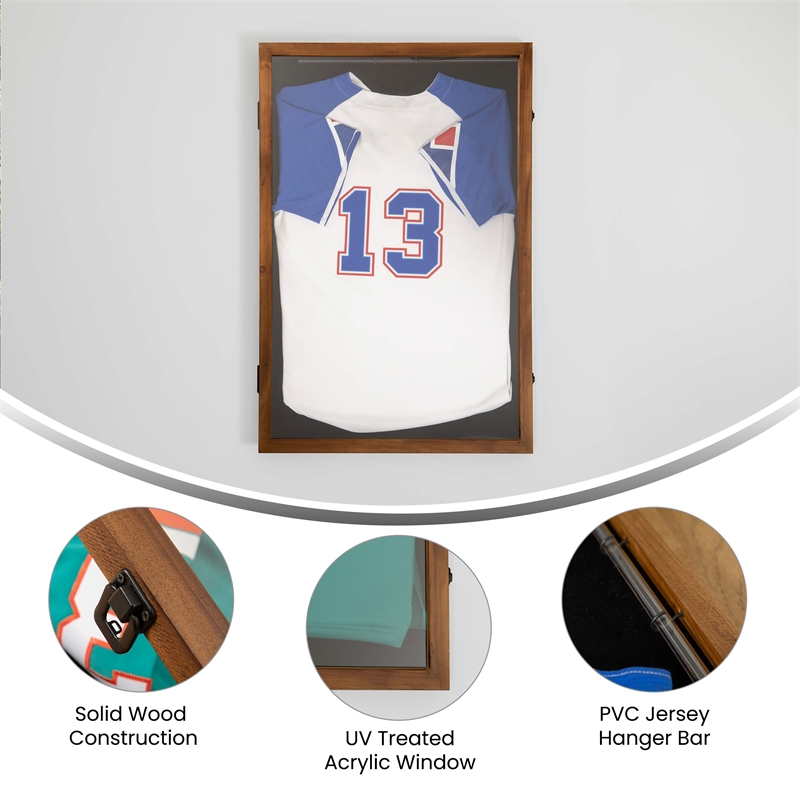 Pemberly Row 24x36 Jersey Display Case with Foam Board and Lock in Rustic Brown