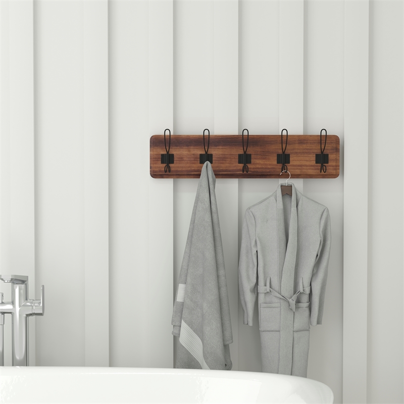Pemberly Row Vintage Wall Mounted Coat Rack with 5 Hooks in Classic Brown