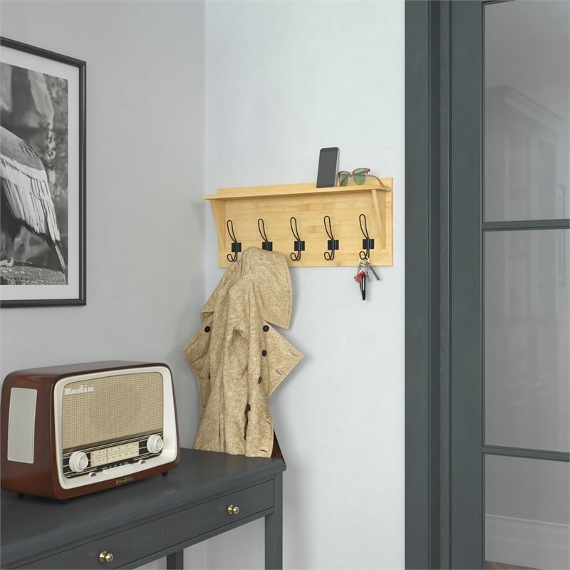 Pemberly Row Wall Mounted Coat Rack with Upper Shelf and Hooks in Bamboo