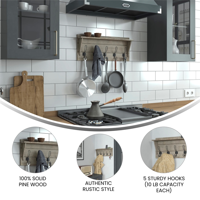 Pemberly Row Wall Mounted Coat Rack with Upper Shelf and Hooks in Weathered