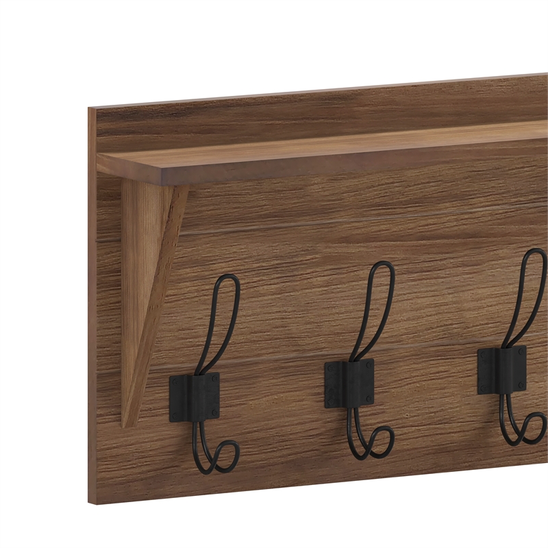 Pemberly Row Wall Mounted Coat Rack with Upper Shelf and Hooks in Rustic Brown