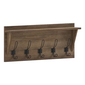 Pemberly Row Wall Mounted Coat Rack with Upper Shelf and Hooks in Rustic Brown