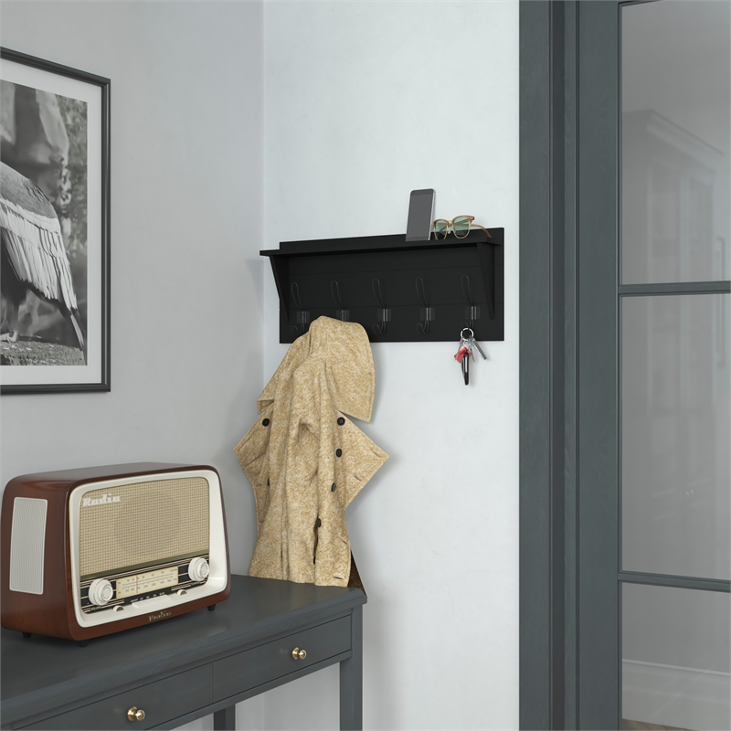 Pemberly Row Wall Mounted Coat Rack with Upper Shelf and Hooks in Black
