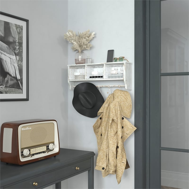 Pemberly Row Wall Mounted Coat Rack with Shelf Wire Baskets and Hooks