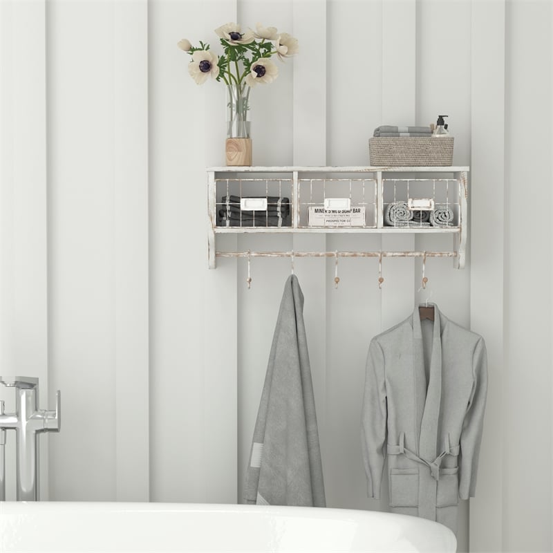Pemberly Row Wall Mounted Coat Rack with Shelf Wire Baskets and Hooks