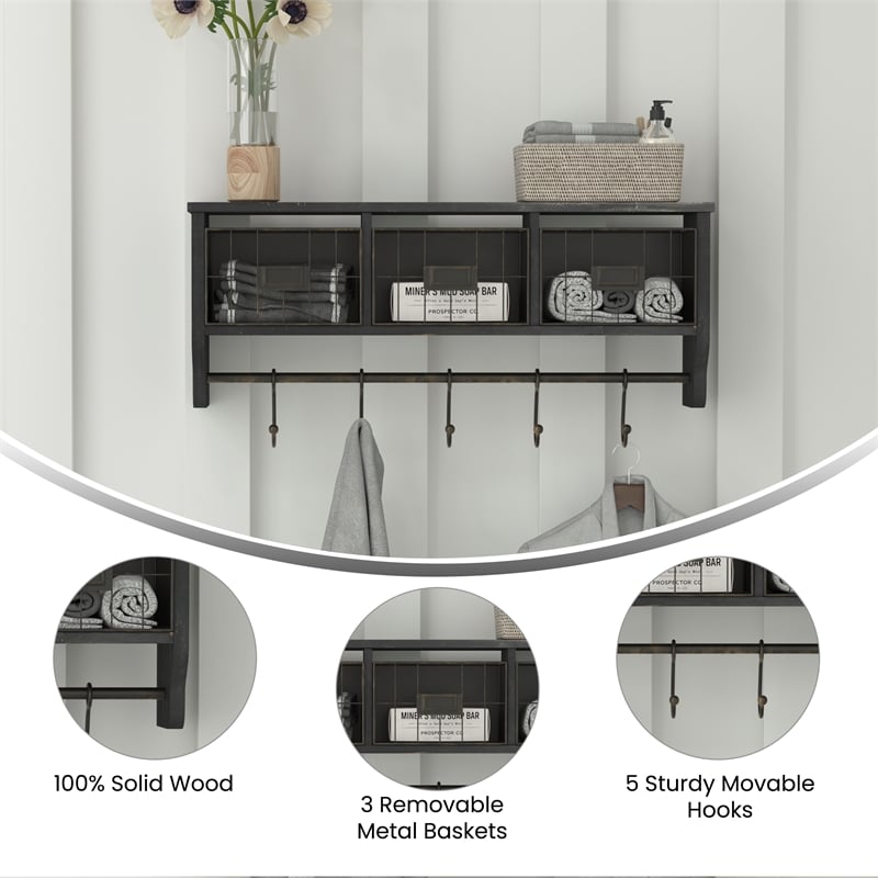 Pemberly Row Wall Mounted Coat Rack with Shelf Wire Baskets and Hooks