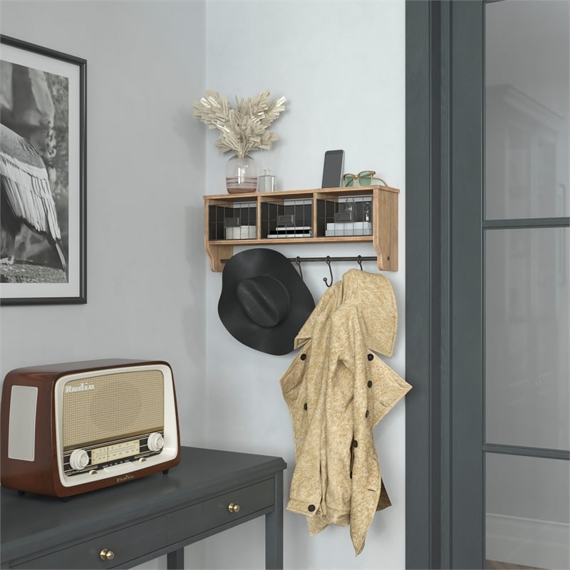 Pemberly Row Wall Mounted Coat Rack with Shelf Wire Baskets and Hooks