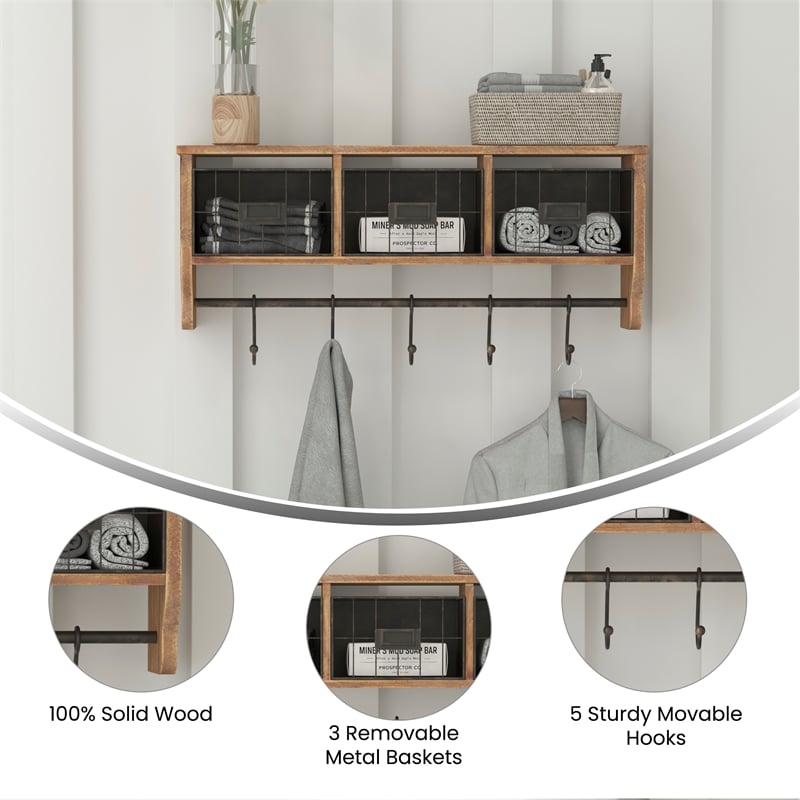 Pemberly Row Wall Mounted Coat Rack with Shelf Wire Baskets and Hooks