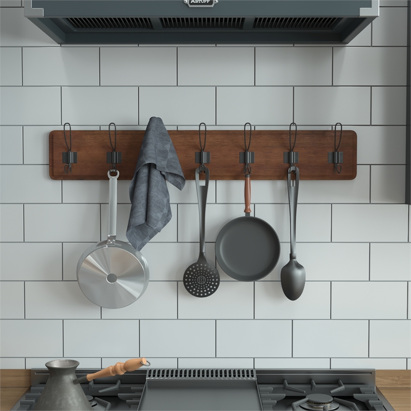 Pemberly Row Vintage Wall Mounted Storage Rack with 7 Hooks in Rustic Brown