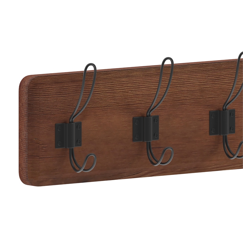 Pemberly Row Vintage Wall Mounted Storage Rack with 7 Hooks in Rustic Brown