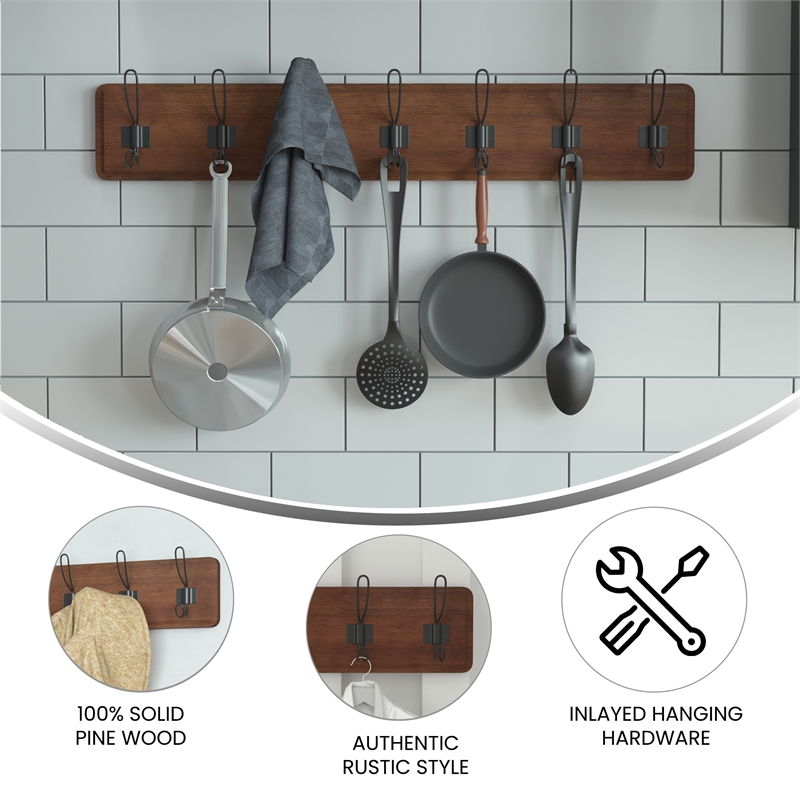 Pemberly Row Vintage Wall Mounted Storage Rack with 7 Hooks in Rustic Brown